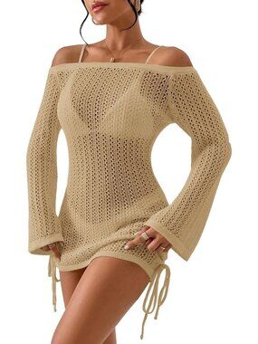 Women's Apricot Slight Stretch Bathing Suit Cover Ups Hollow Out Dress Knit Tops